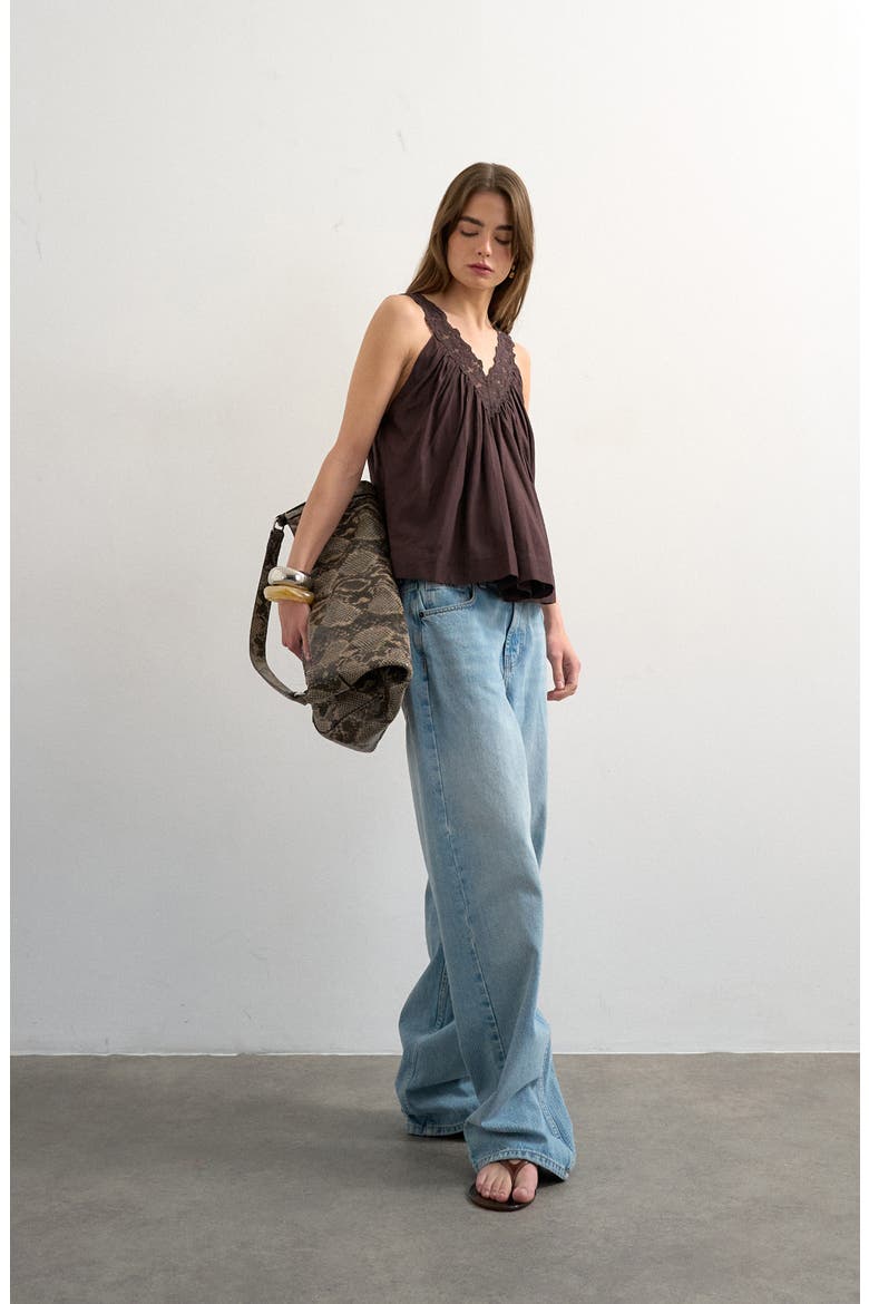 Deep V-Neck Lace Trapeze Top, Alternate, color, BROWN