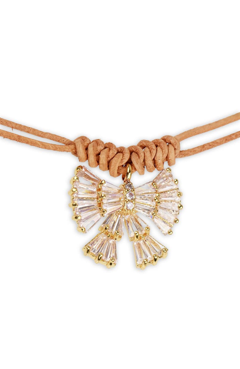 SAACHI Crystal Bow Leather Wrap Choker Necklace, Main, color, Khaki