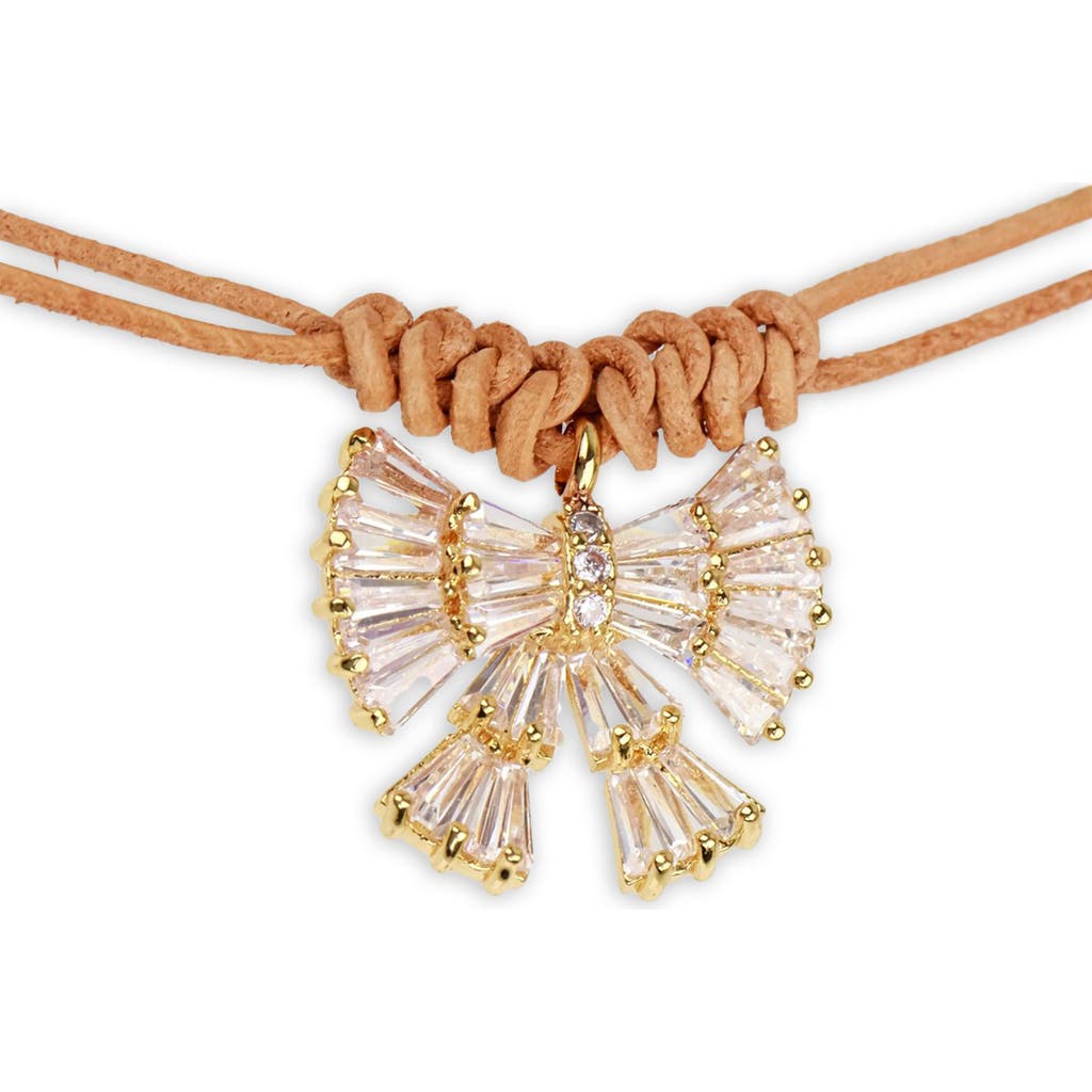 Saachi Crystal Bow Leather Wrap Choker Necklace In Brown