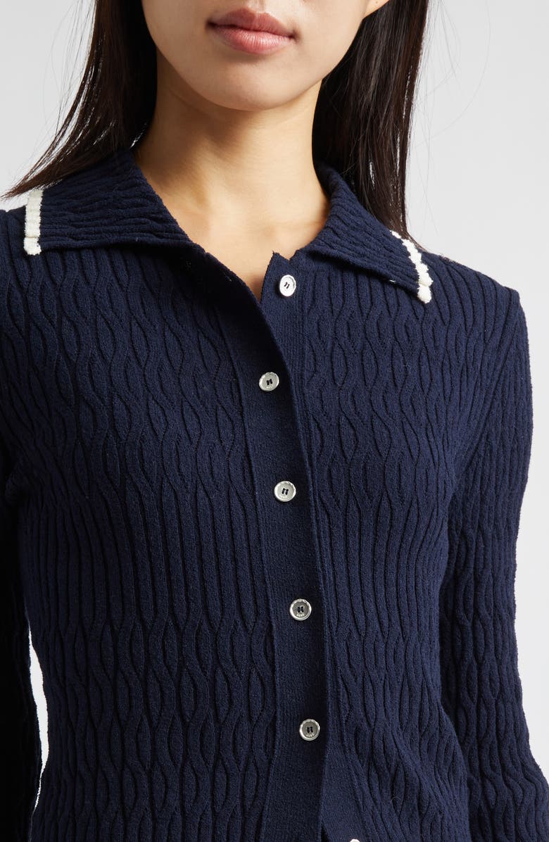 EENK Contrast Trim Pointelle Cable Knit Cardigan, Alternate, color, Navy