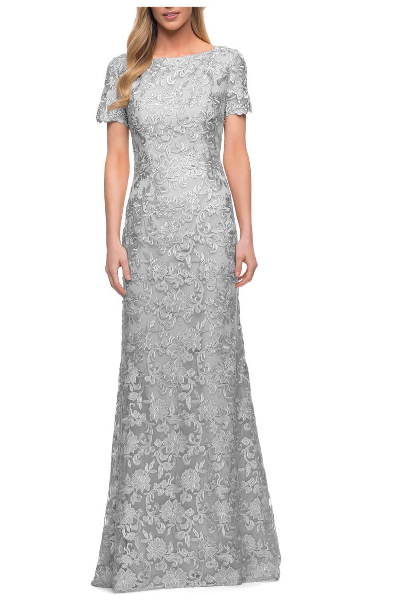 La Femme Beautiful Lace Mother of the Bride Dress with Short Sleeves, Main, color, Silver