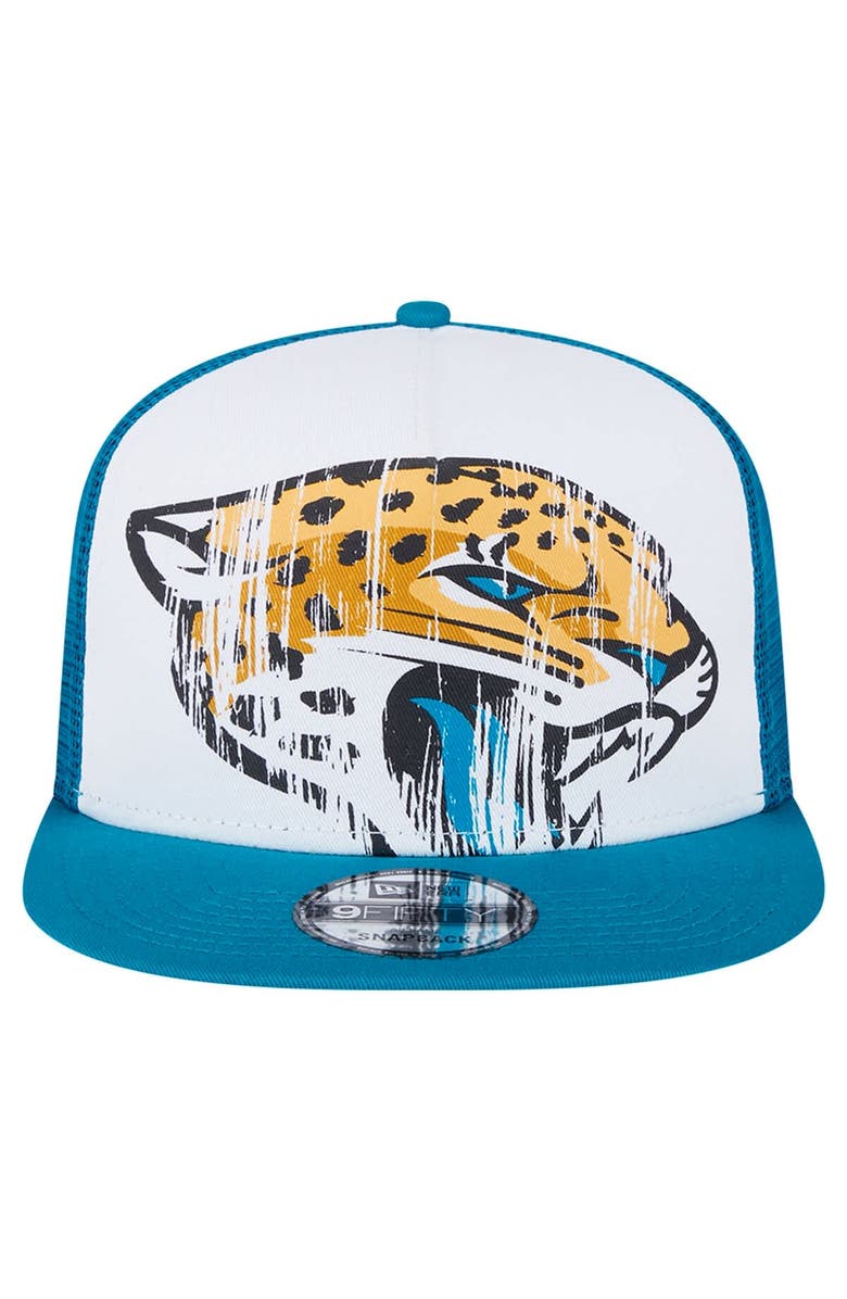 New Era Men's New Era White/Teal Jacksonville Jaguars Distressed 9FIFTY A-Frame Snapback Hat, Alternate, color, White