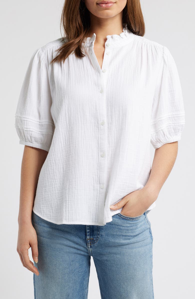Caslon<sup>®</sup> Ruffle Band Collar Cotton Gauze Button-Up Top, Main, color,