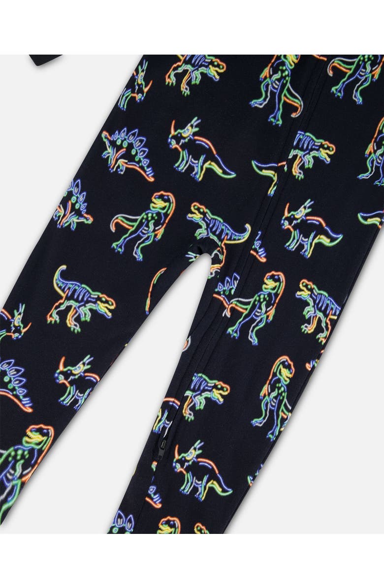 Deux par Deux Boy's Organic Cotton One Piece Pajama Black Printed Neon Dino, Alternate, color, 