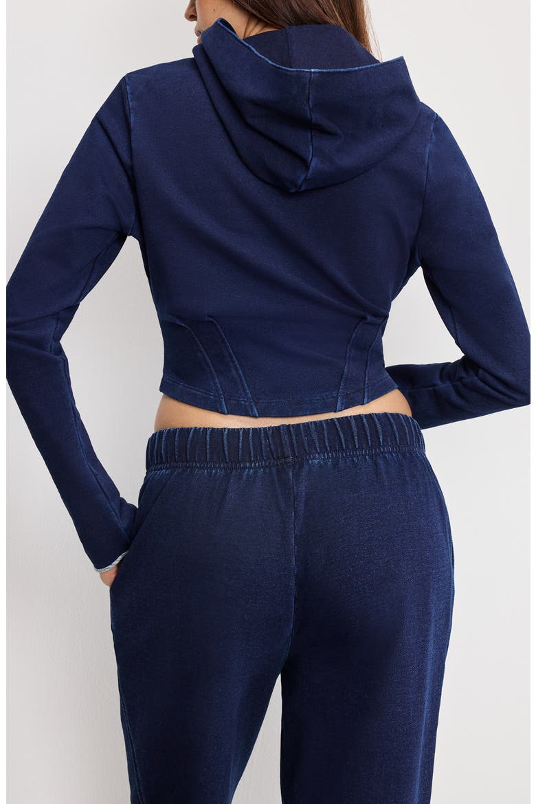 Jeanius Crop Corset French Terry Hoodie, Alternate, color, INDIGO1029