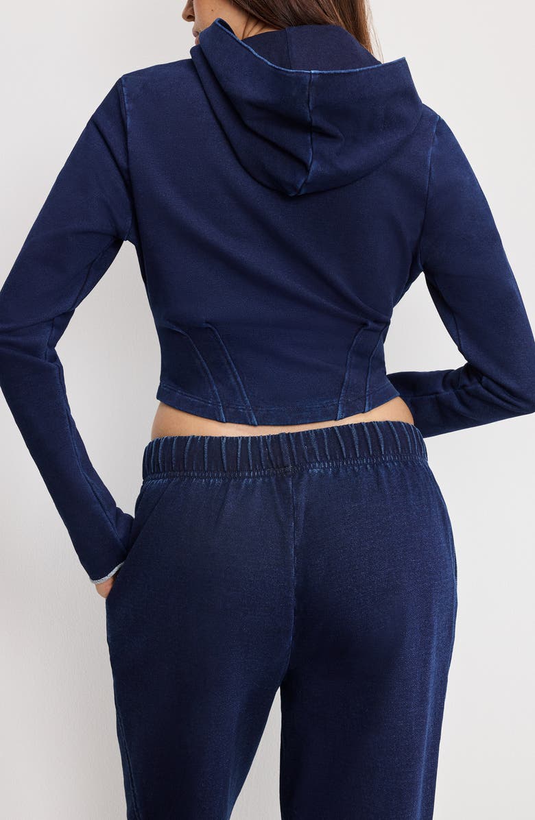 Good American Jeanius Crop Corset French Terry Hoodie, Alternate, color, Indigo1029