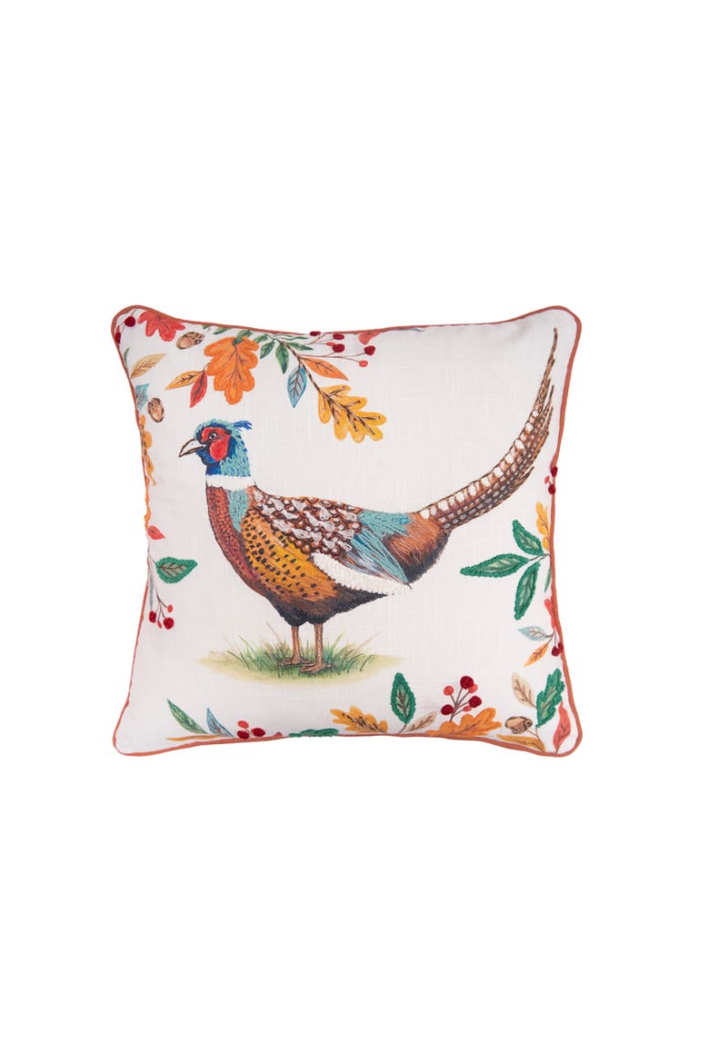 Harvest Pheasant w/ Foliage Printed Cotton Blend Accent Pillow 16" x 16", Main, color, White