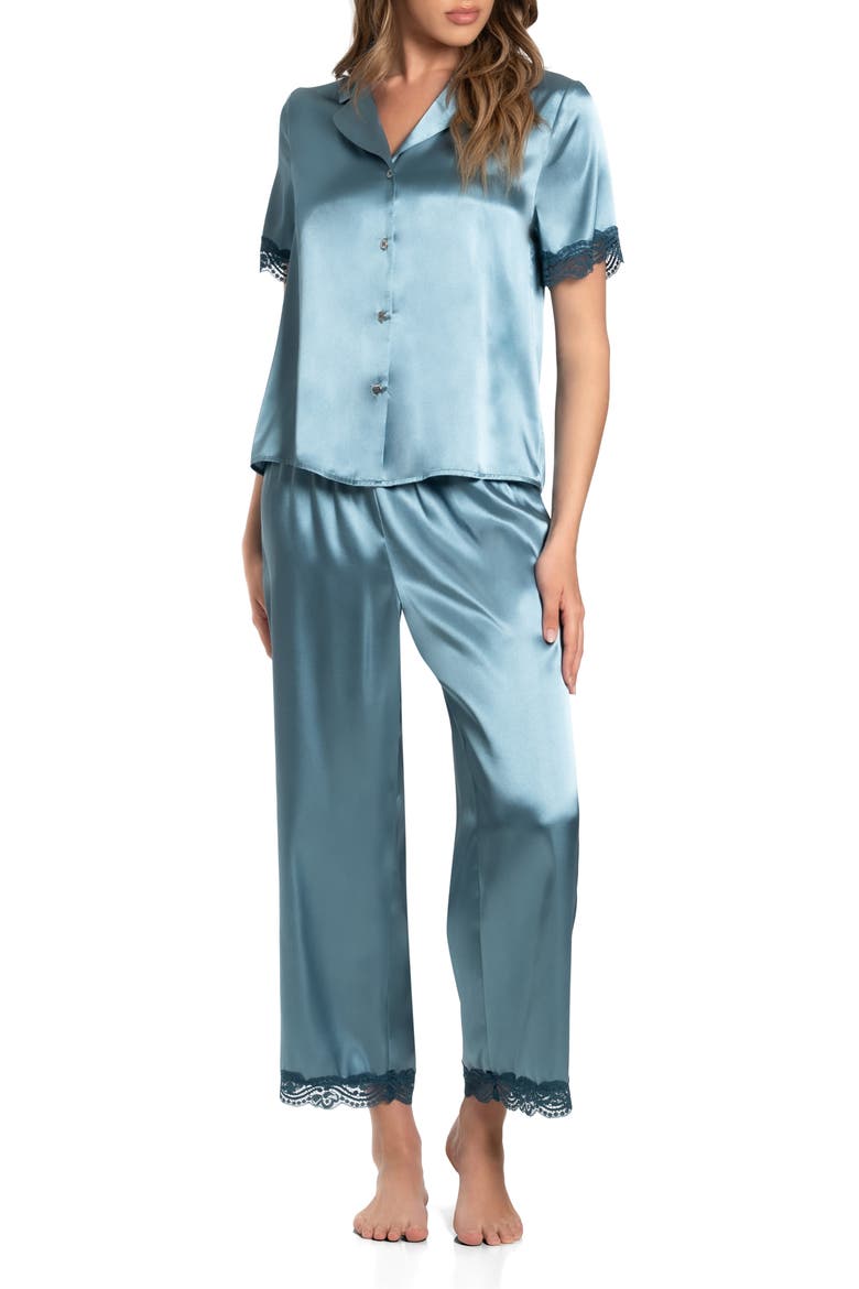 Lace Trim Satin Pajamas, Main, color, MINERAL BLUE