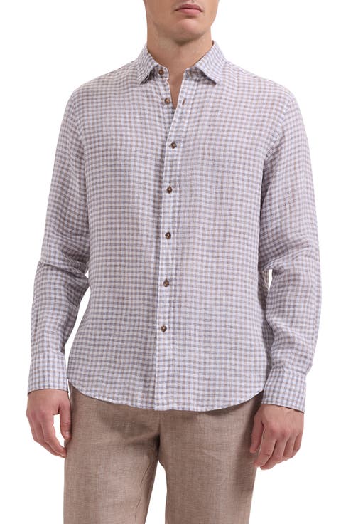 Karl Shaped Fit Gingham Check Linen Button-Up Shirt