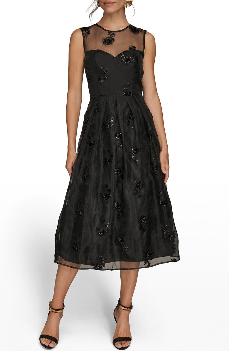 Donna Karan New York Sequin Mesh Sleeveless Midi Dress, Main, color, Black