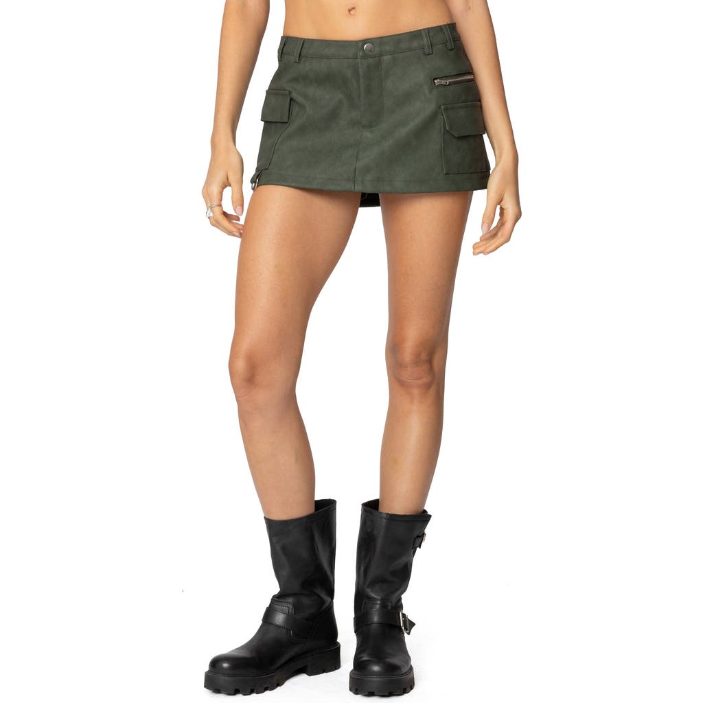 Shop Edikted Low Rise Faux Leather Cargo Miniskort In Olive