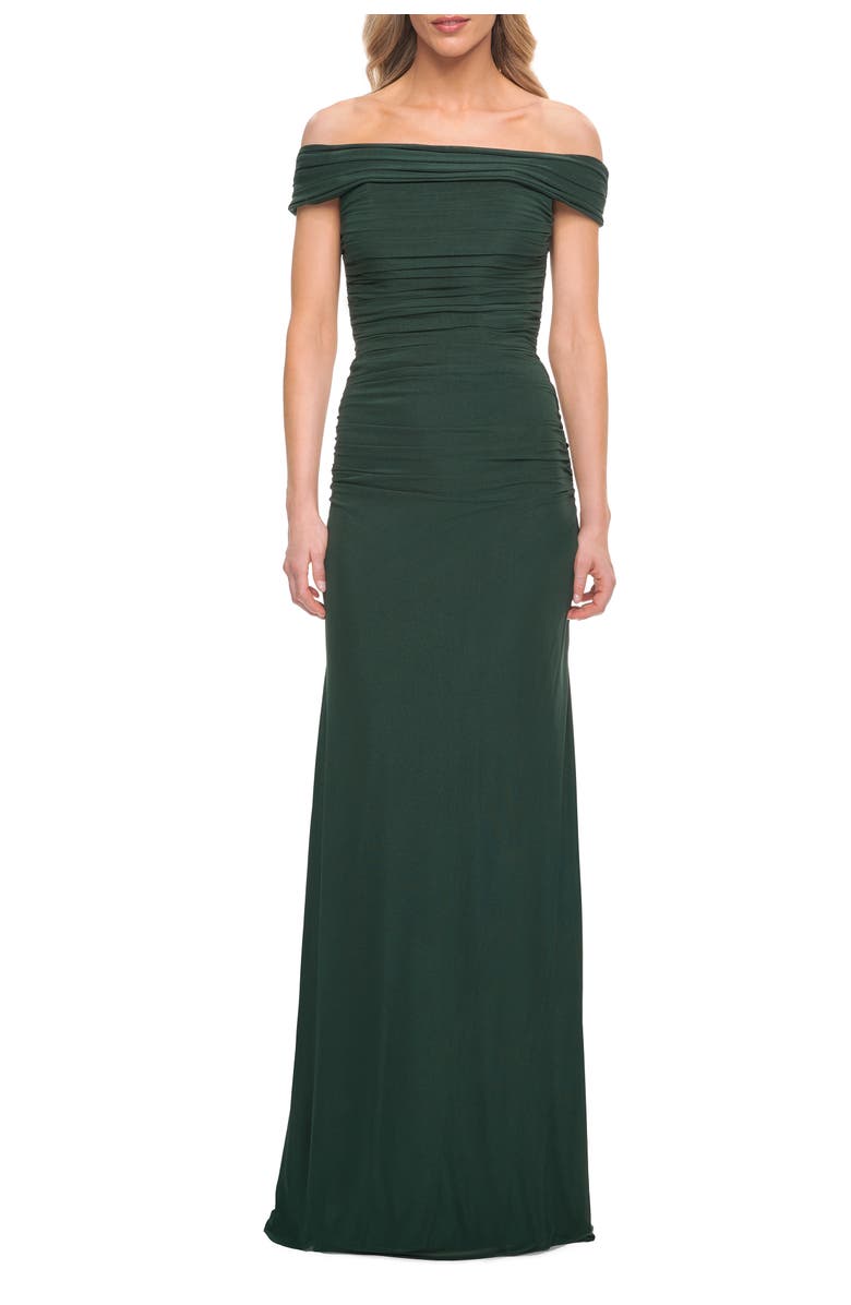 La Femme Ruched Off the Shoulder Net Jersey Evening Dress, Main, color, Emerald