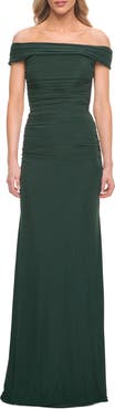 La Femme Ruched Off the Shoulder Net Jersey Evening Dress