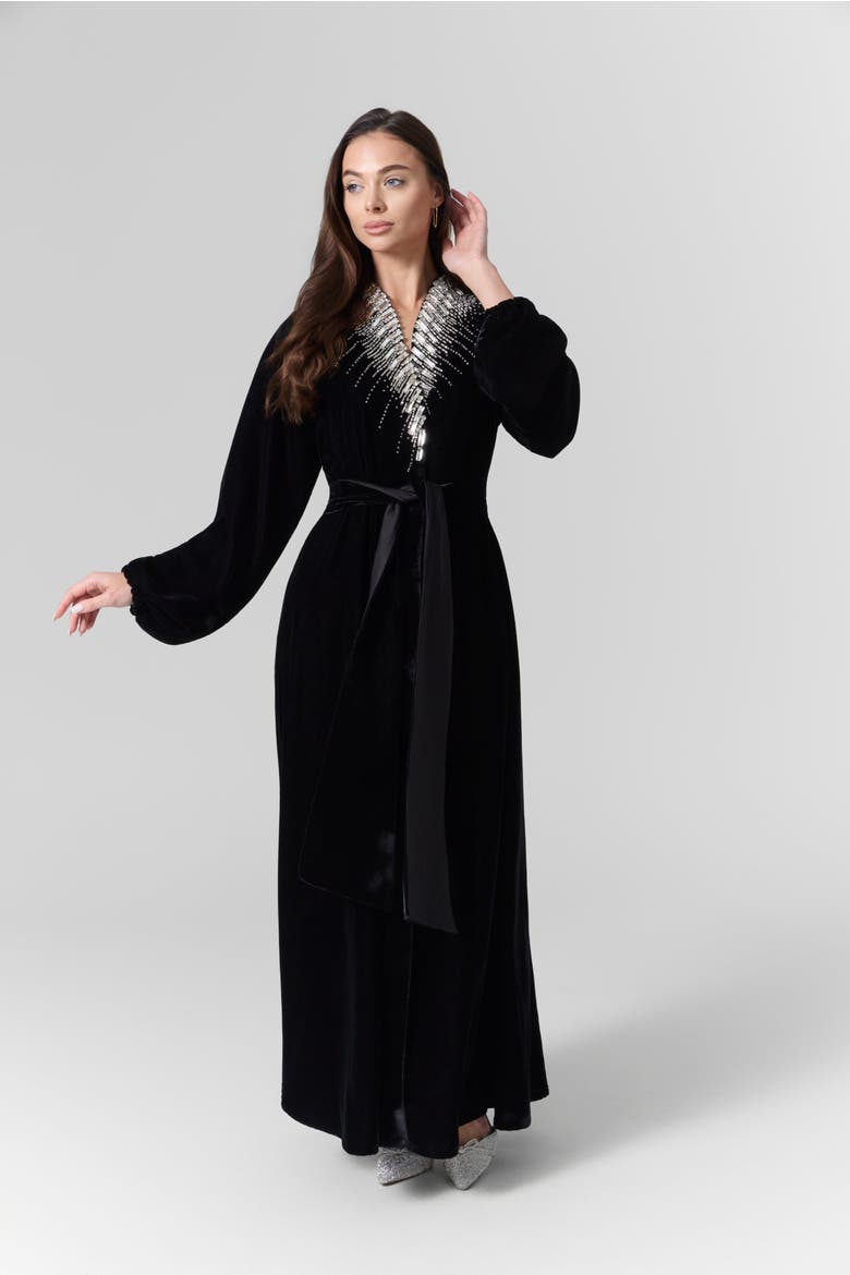 Luna Velvet Embellished Belted Dress, Alternate, color, Black
