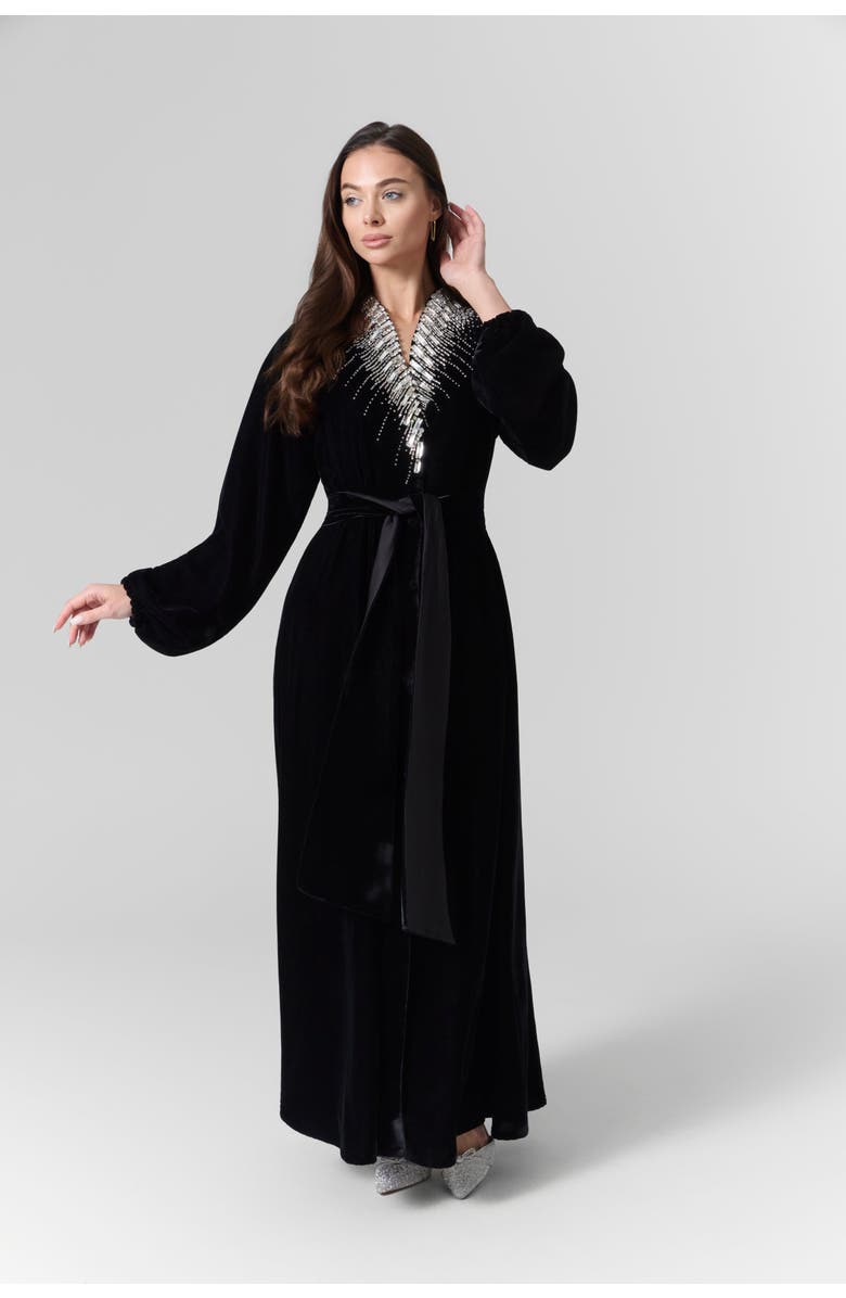 Le Fafo Luna Velvet Embellished Belted Dress, Alternate, color, Black