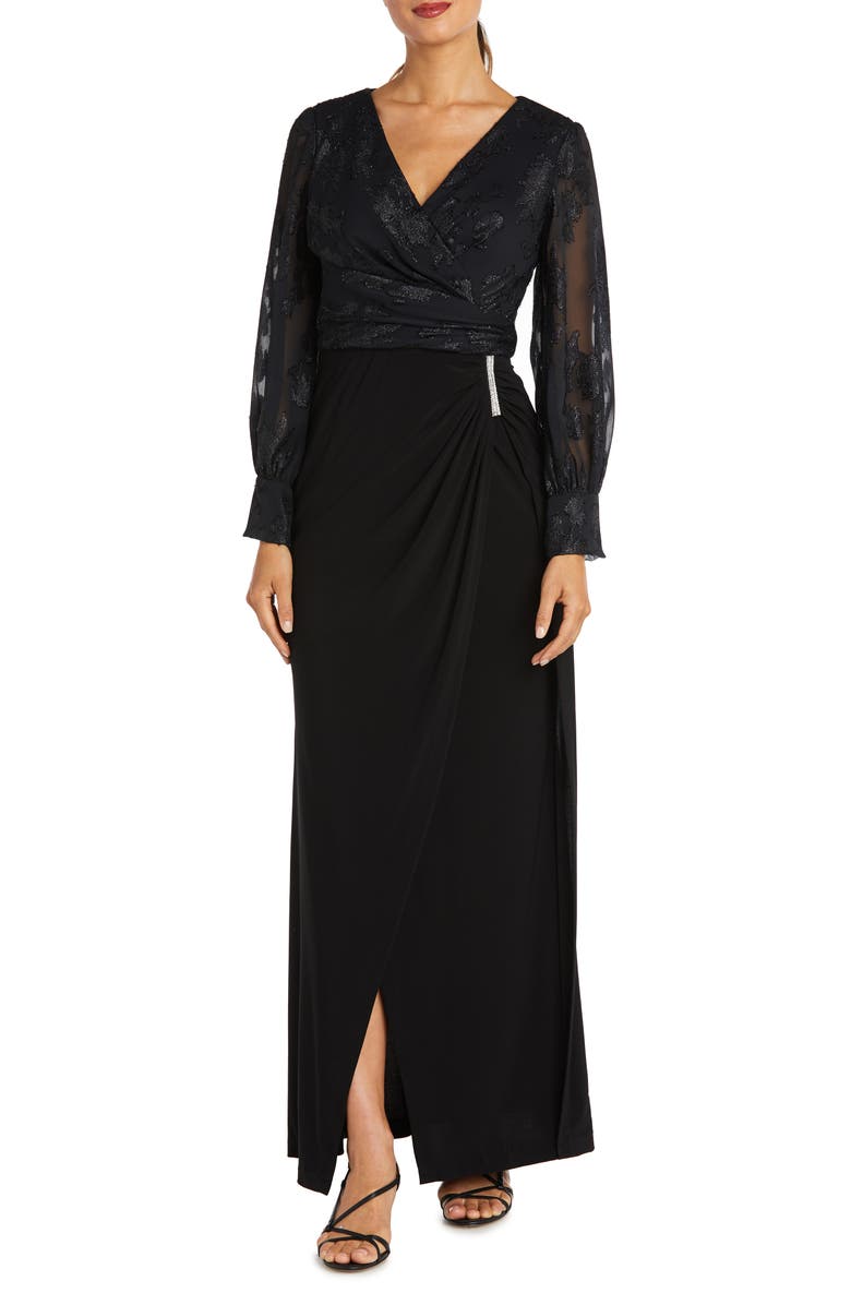 Nightway Mixed Media Long Sleeve Gown, Main, color,