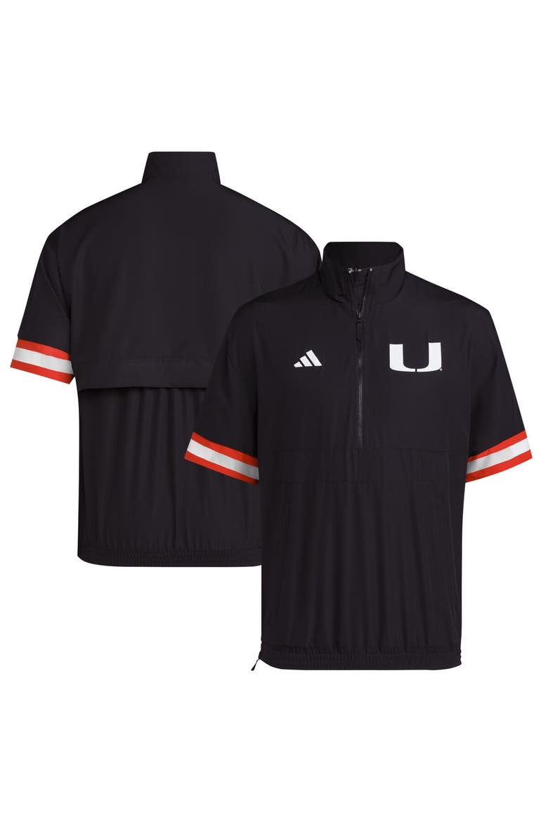 Men's adidas Black Miami Hurricanes Strategy Short Sleeve Half-Zip Jacket, Main, color, Black