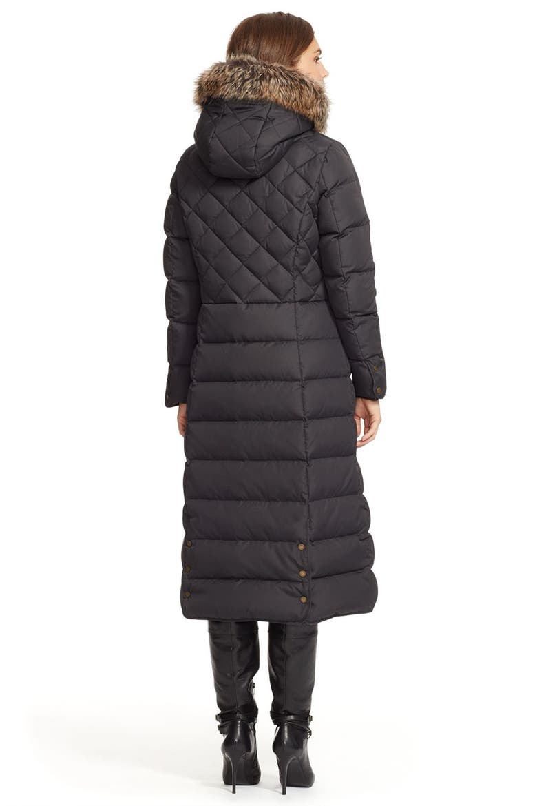 Faux Fur Trim Hooded Long Down & Feather Fill Coat, Alternate, color, BLACK