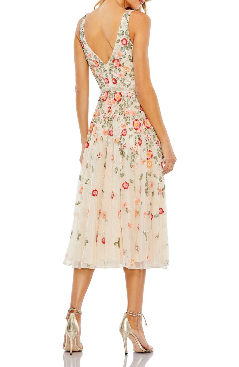 Deep V neck Embroidered Tea Length Dress