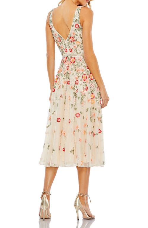 Mac Duggal Deep V Neck Embroidered Tea Length Dress In Nude Multi