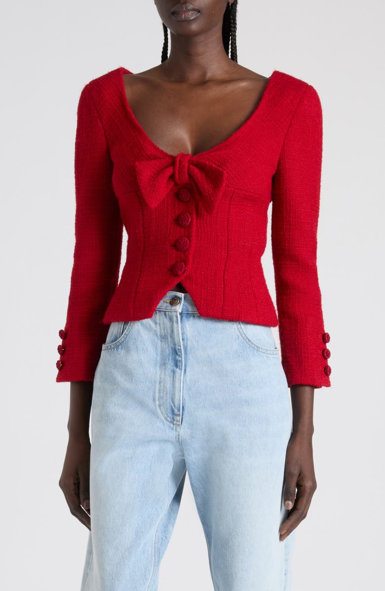 Valentino Bow Detail Tailored Tweed Jacket, Main, color, Red