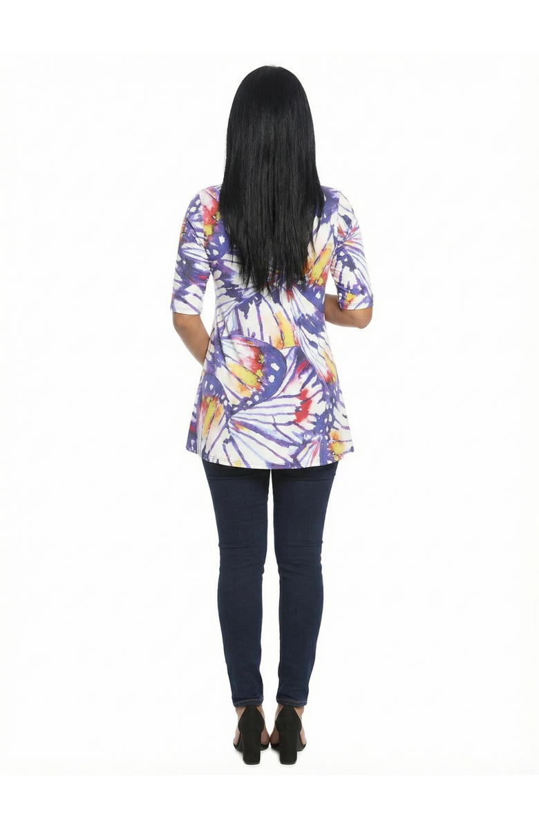 24seven Comfort Apparel Maternity Butterfly Scoop Neck Elbow Sleeve Tunic Top, Alternate, color, Purple Multi