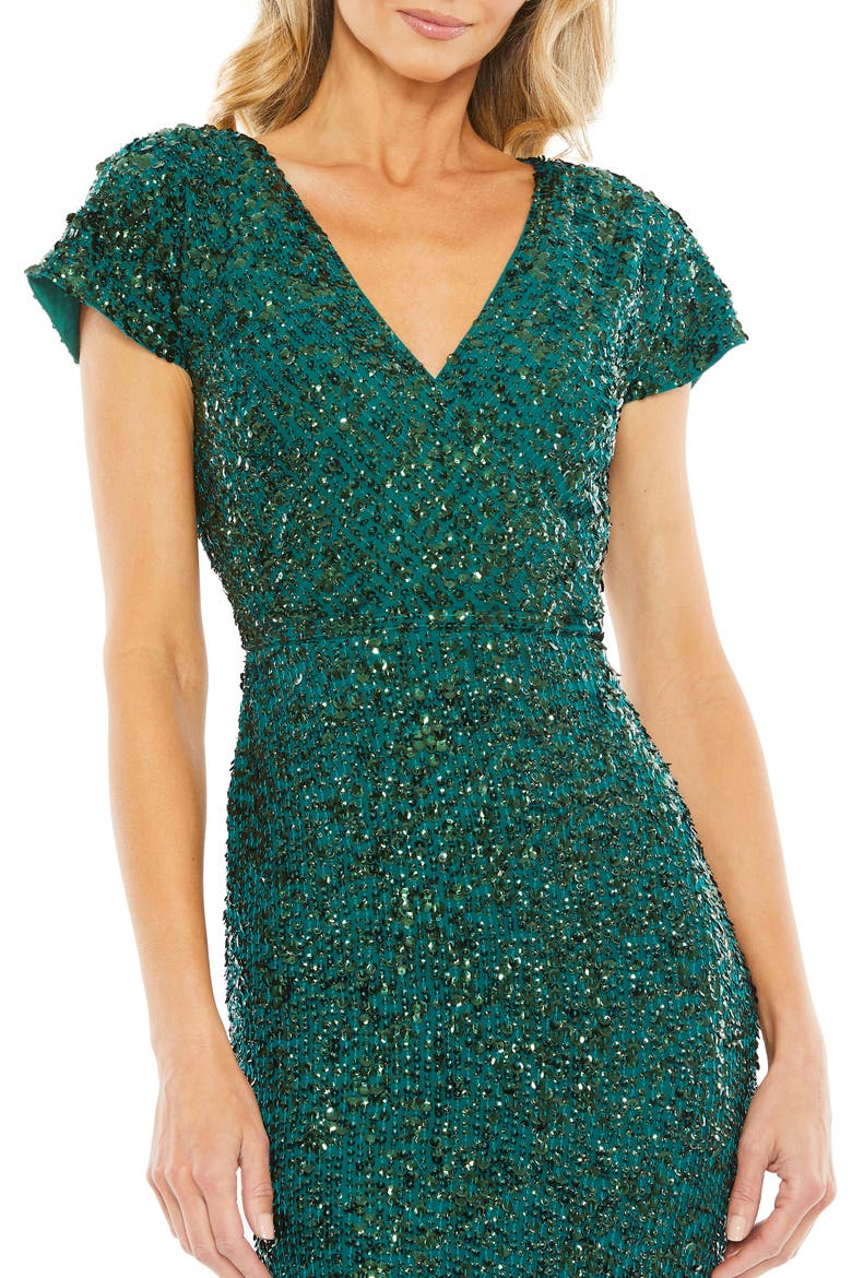 Sequined Short Sleeve Wrap Over Cocktail Dress, Alternate, color, Deep Emerald