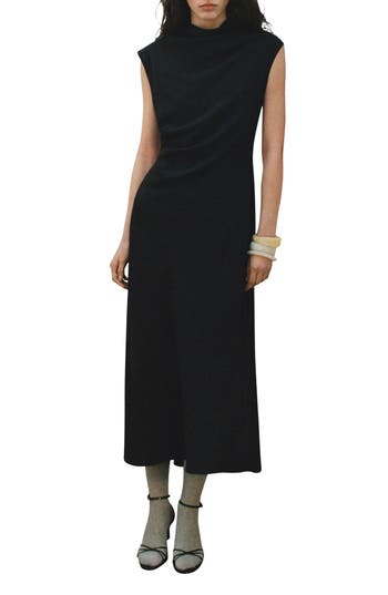 Mango Funnel Neck Pleated A-line Maxi Dress In Black