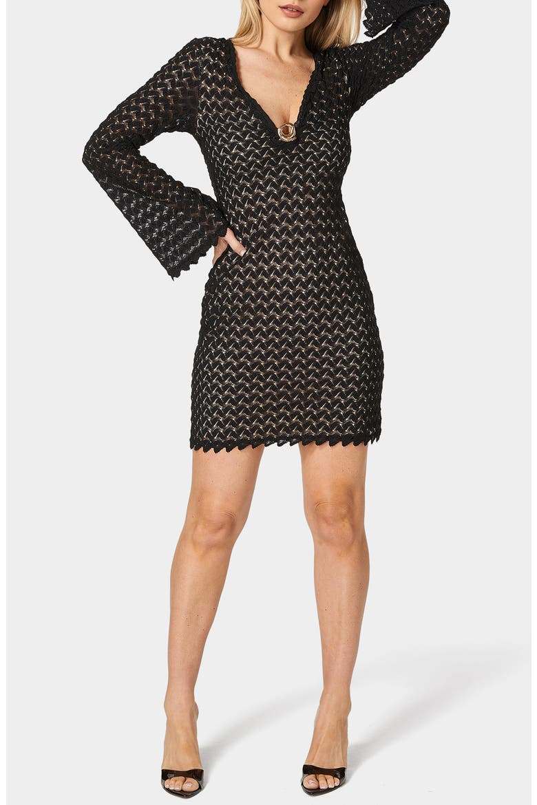 Lace Bell Sleeve Minidress, Main, color, BLACK/ NUDE