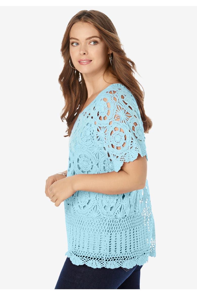 Plus Size Medallion Pattern French Crochet Sweater Top, Alternate, color, WHITE