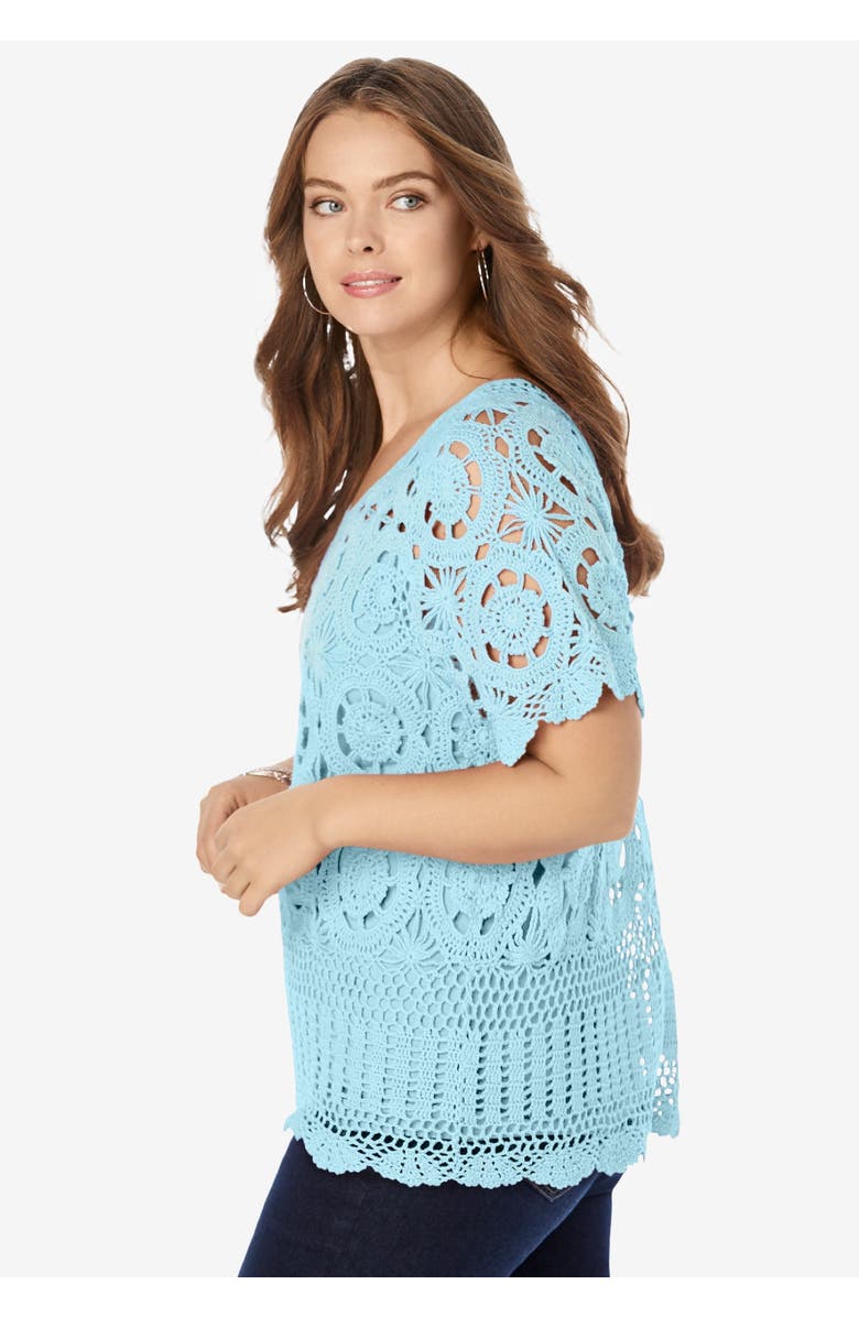 Roaman's Plus Size Medallion Pattern French Crochet Sweater Top, Alternate, color, White