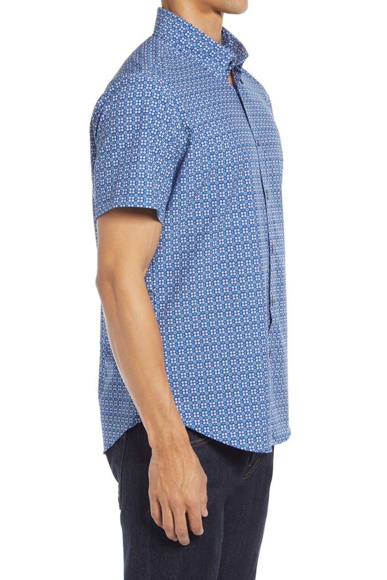 Trim Fit Short Sleeve Button-Up Performance Shirt, Alternate, color, BLUE CORAL CIRCLE GEO PRINT