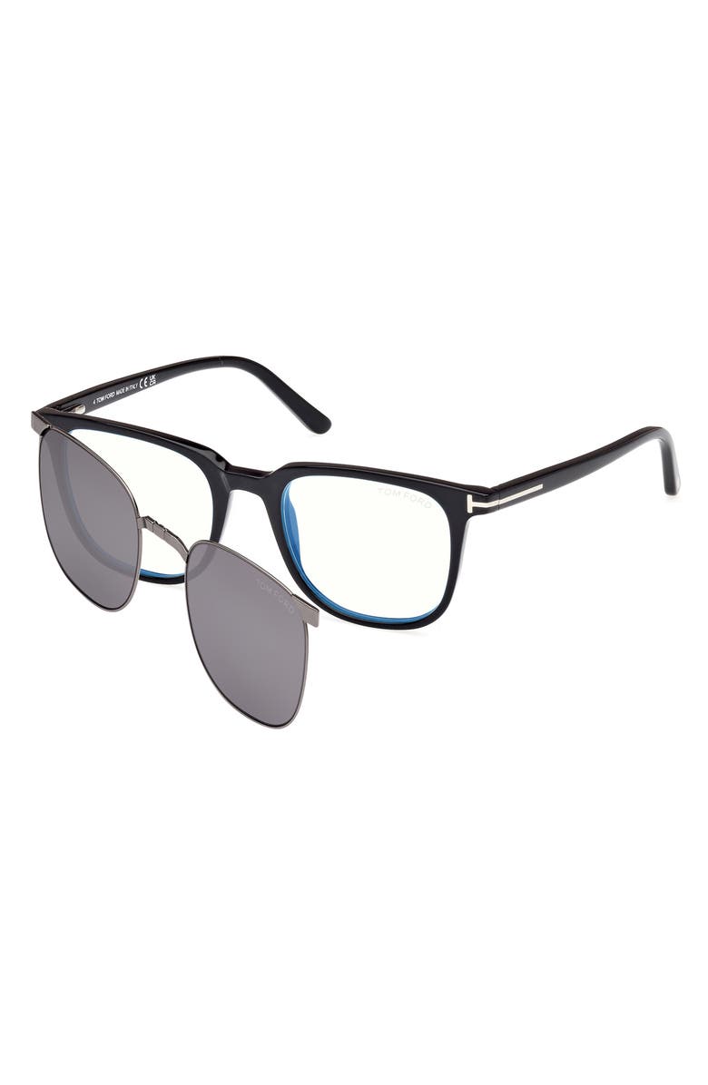 TOM FORD 50mm Square Blue Light Blocking Optical Glasses & Clip-On Sunglasses, Alternate, color, Black Eco / T Logo