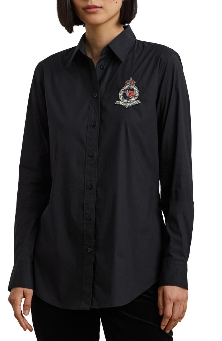 Lauren Ralph Lauren Beaded Logo Button-Up Shirt, Main, color, Black