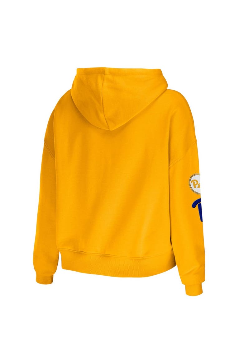 Women's WEAR by Erin Andrews Gold Pitt Panthers Mixed Media Cropped Pullover Hoodie, Alternate, color, Gold