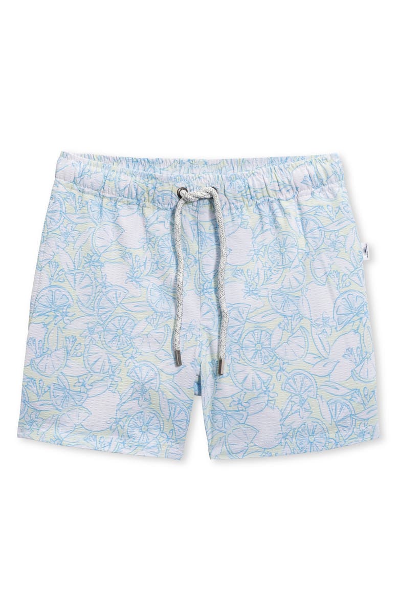 Vintage Summer Kids' Lemon Print Seersucker Volley Swim Trunks, Main, color, Lime