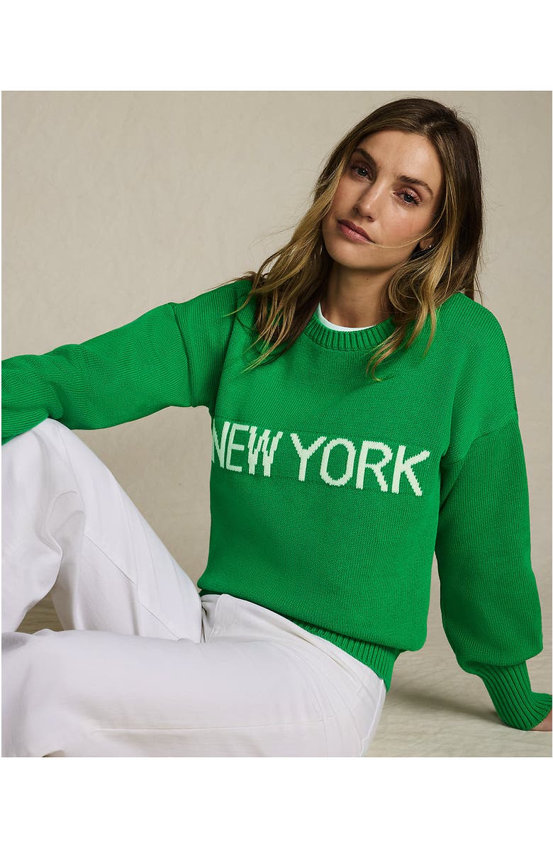 Lands' End Drifter Jersey Crewneck Sweater, Alternate, color, True Green/Ivory New York