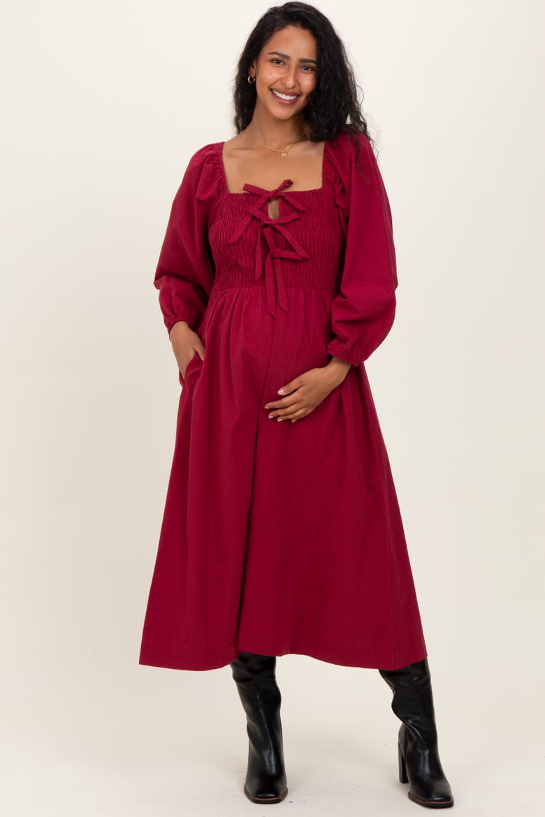 Bow Detail Smocked Midi Dress, Alternate, color, Burgundy
