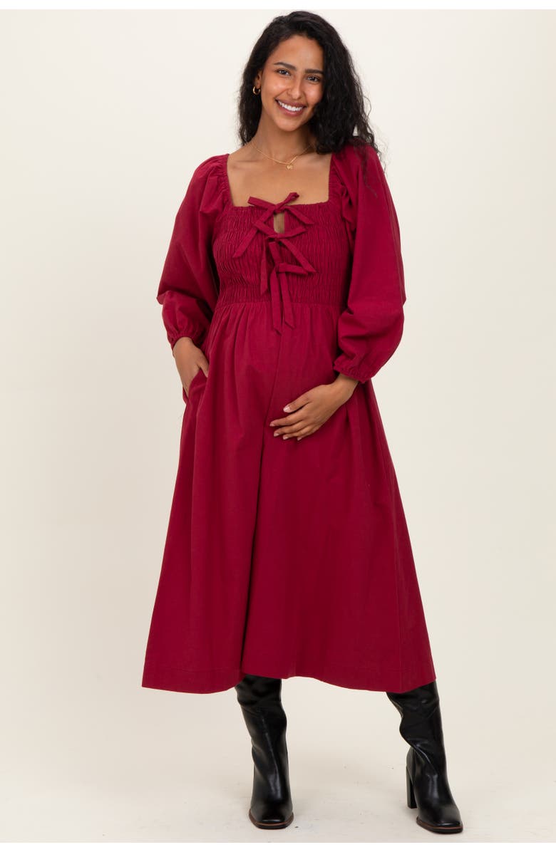 PinkBlush Bow Detail Smocked Midi Dress, Alternate, color, Burgundy