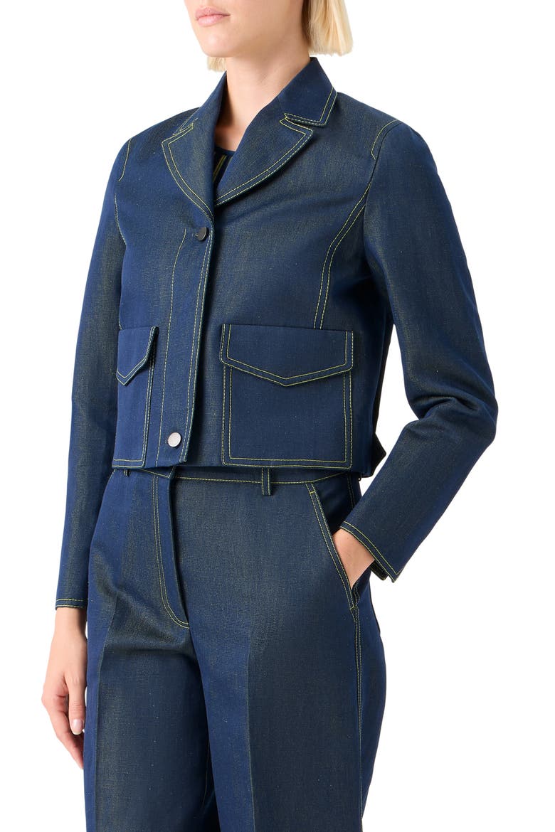 Tailored Denim Crop Jacket, Alternate, color, DARKBLUE DENIM-LEMON ZING