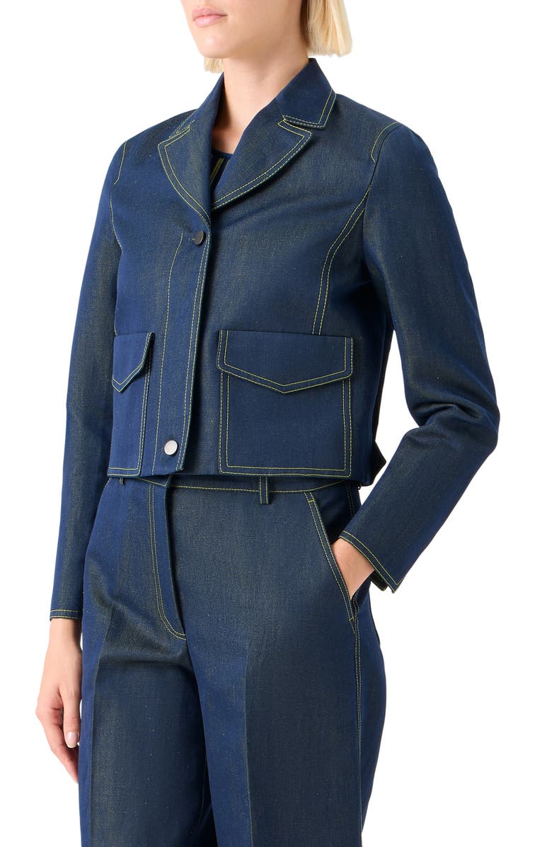 Akris punto Tailored Denim Crop Jacket, Alternate, color, Darkblue Denim-Lemon Zing