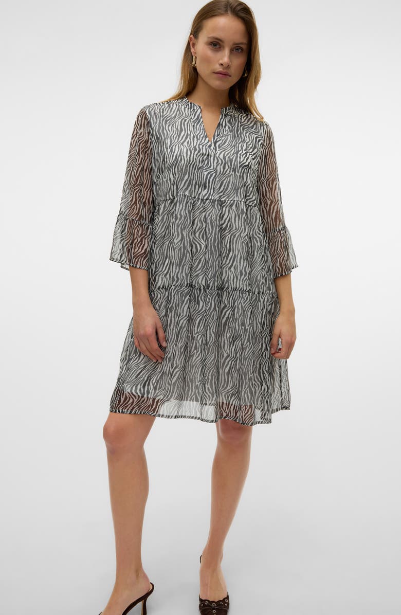 VERO MODA Smilla Three-Quarter Sleeve Drop Waist Dress, Alternate, color, Snow White All Over Print Zebr