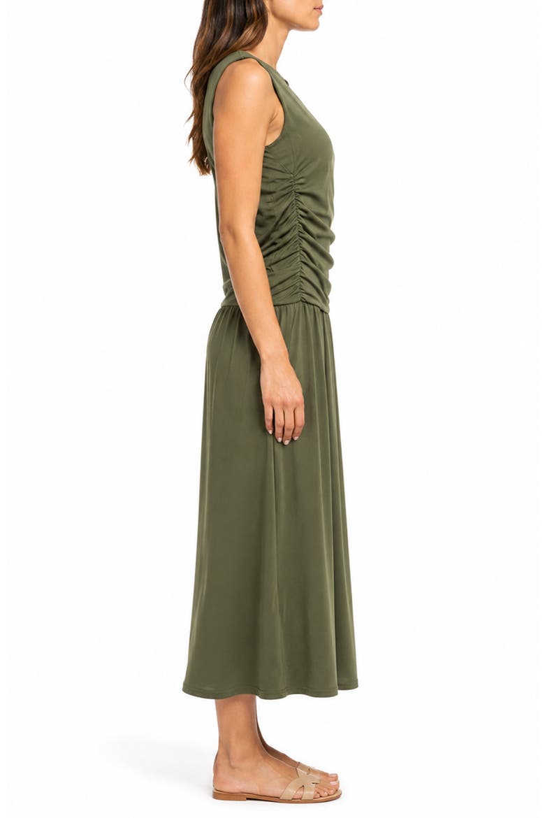 Ruched Sleeveless Drop Waist Midi Dress, Alternate, color, KALAMATA