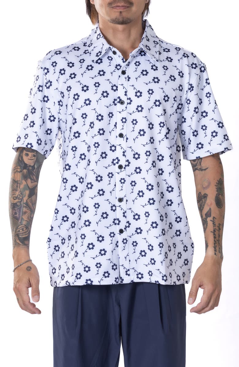 VAST Positive Floral Short Sleeve Performance Button-Up Shirt, Main, color, White