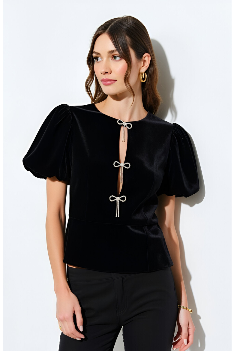 Velvet Puff Sleeve Top with Front Keyhole Cutouts and Rhinestone Bow Details, Alternate, color, Black