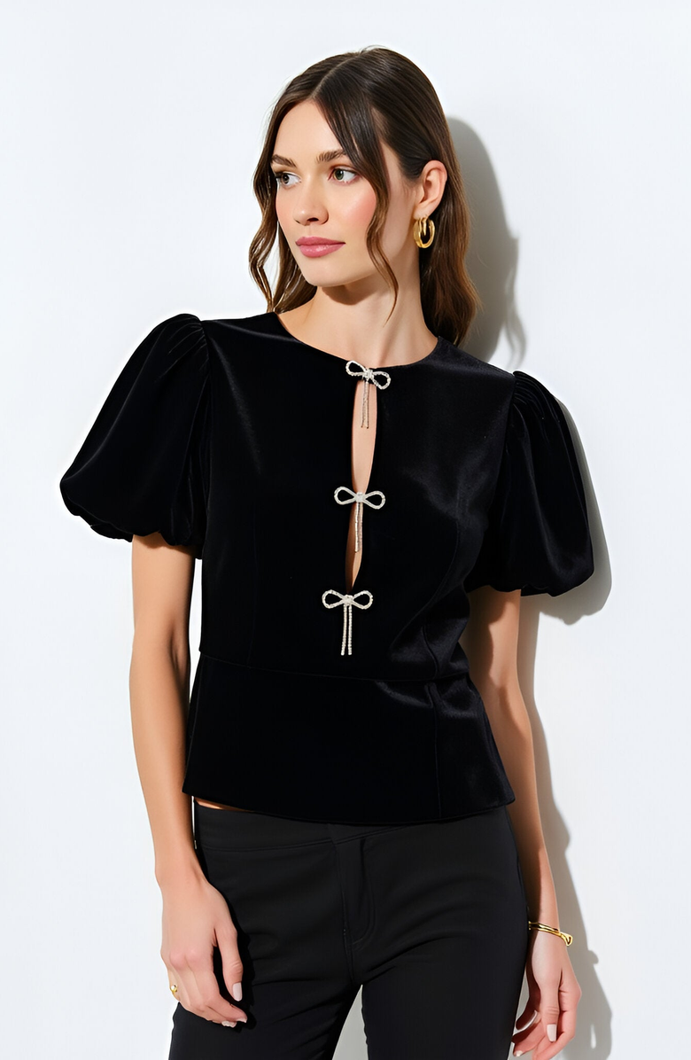 Modenaire Velvet Puff Sleeve Top with Front Keyhole Cutouts and Rhinestone Bow Details, Alternate, color, Black
