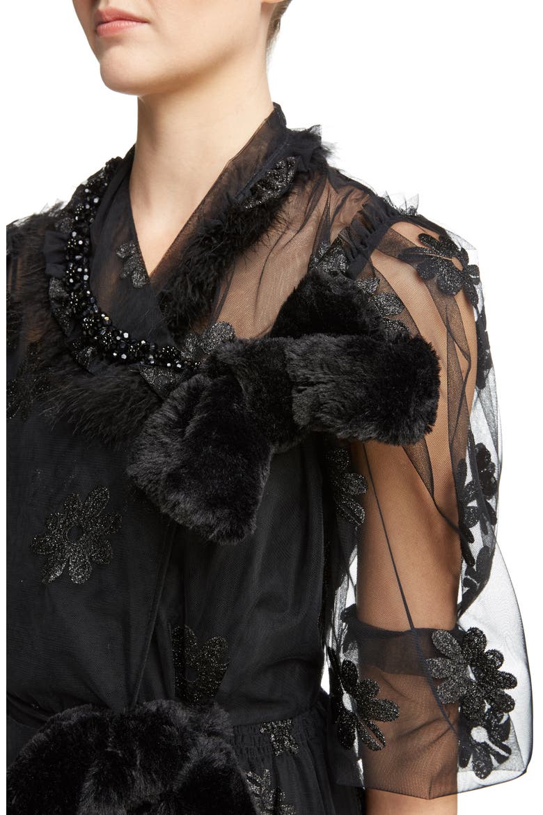Teddy Floral Embroidered Tulle Dress with Feather and Faux Fur Trim, Alternate, color, BLACK BLACK