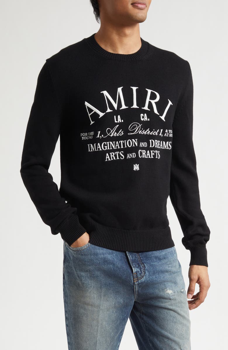 AMIRI Arts District Embroidered Cotton Crewneck Sweater, Main, color, Black