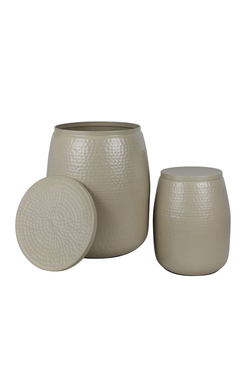 HAPPIMESS Merida Modern Rustic 2-Piece Hammered Metal Drum Storage Side Tables with Lids, Main, color, Almond