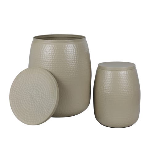 Merida Modern Rustic 2-Piece Hammered Metal Drum Storage Side Tables with Lids